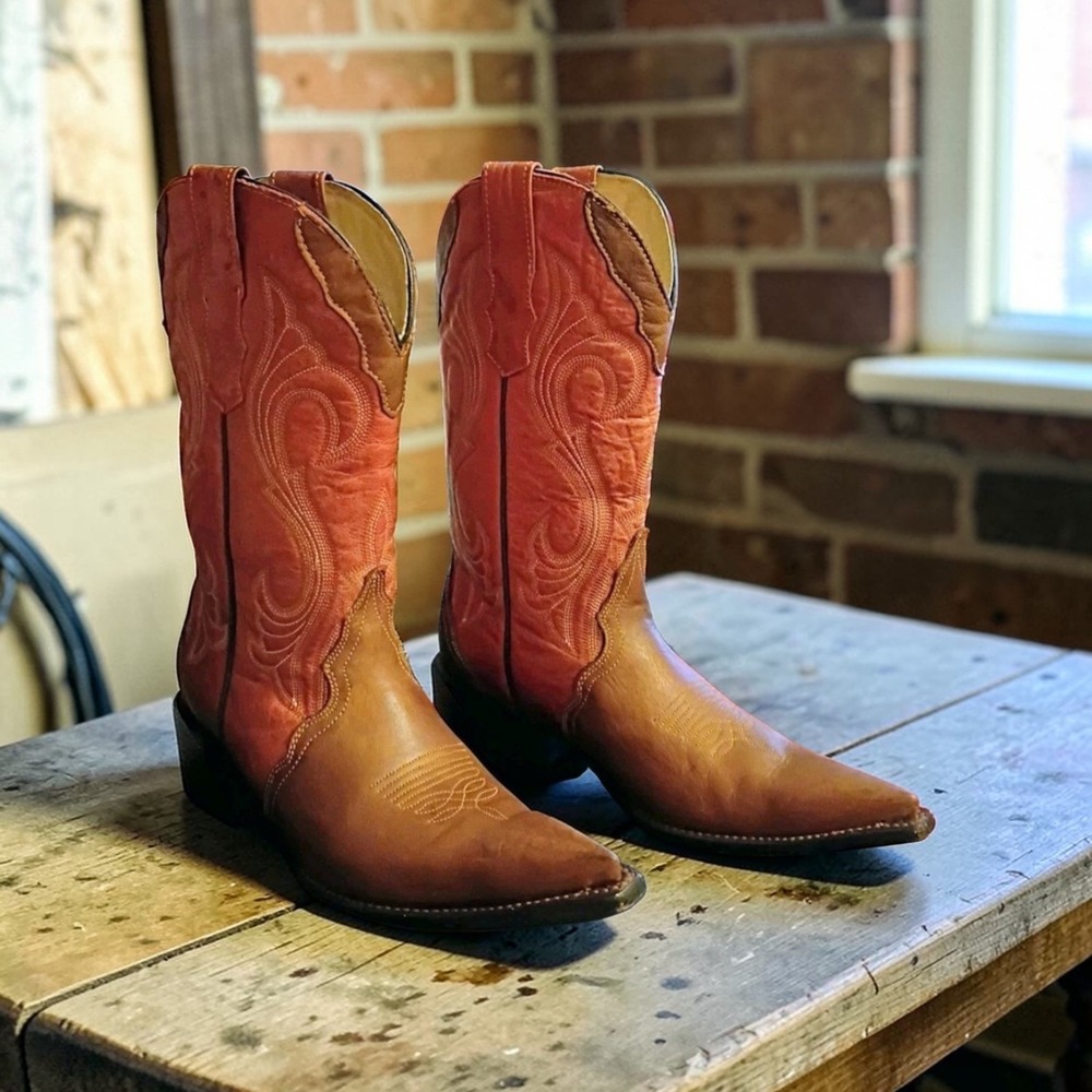 REYME Womens‎ Size 7 Leather Brown Pointed Toe Western Cowboy Boots Equestrian